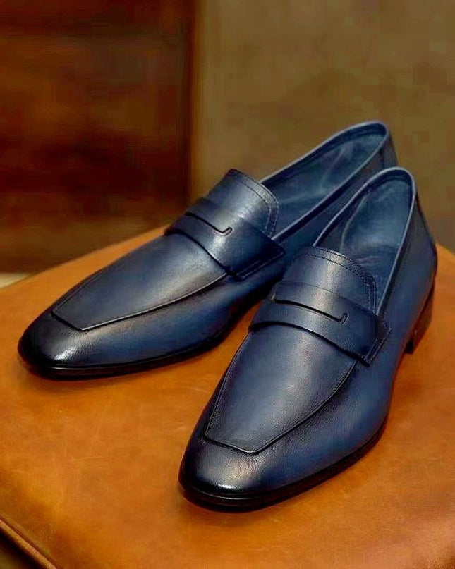 New Handmade Blue Shoes, Formal Office Moccasin, Leather Slip Ons, Dress Shoes