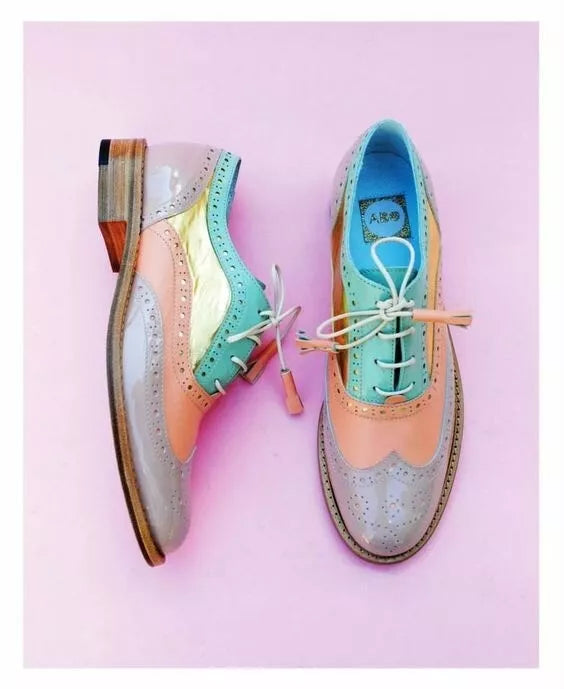 Handmade Multicolor Leather Lace Up Shoes, Oxford Brogue Dress Women Shoes