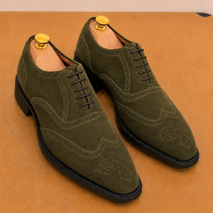 Handmade green suede wingtip brogue lace up men office shoes, Dress shoes for mens
