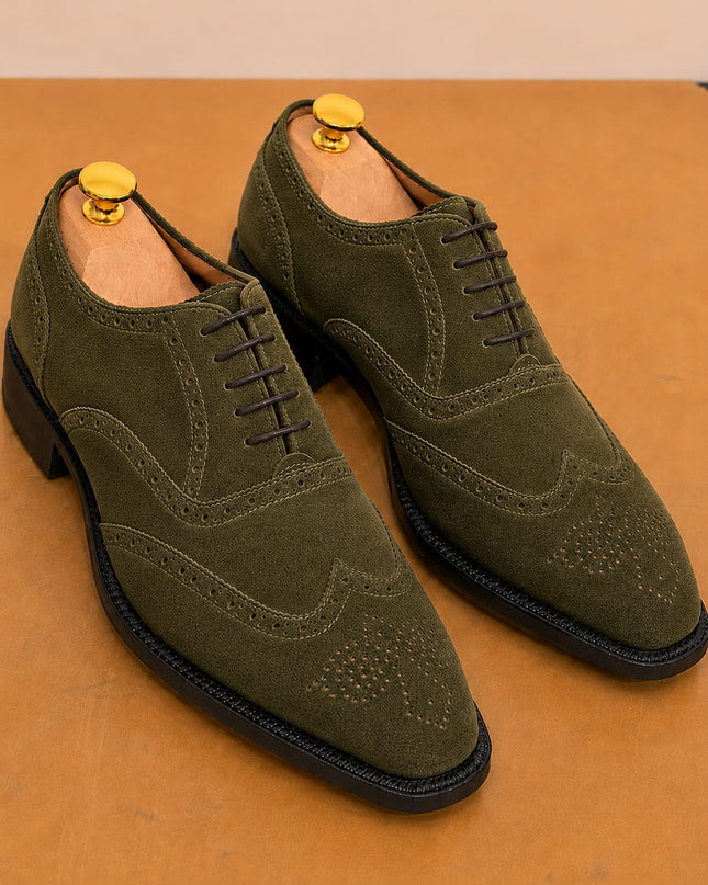 Handmade green suede wingtip brogue lace up men office shoes, Dress shoes for mens