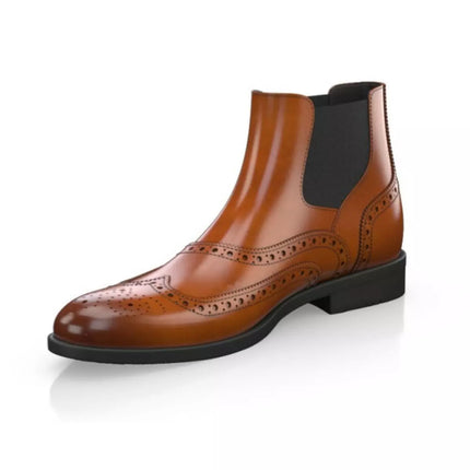 Handmade Men Tan Leather Wing Tip Brogue Chelsea Ankle Boots, Mens Dress Boots