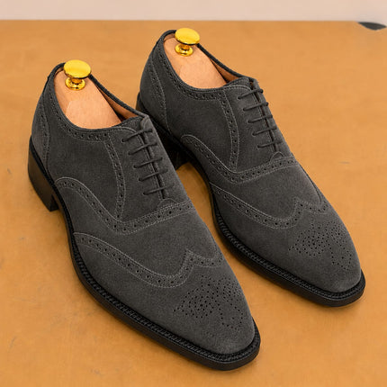 Handmade gray suede wingtip brogue lace up men office shoes, Dress shoes for mens