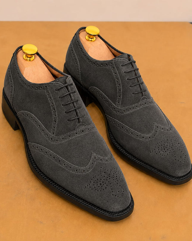 Handmade gray suede wingtip brogue lace up men office shoes, Dress shoes for mens