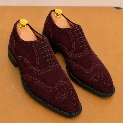 Handmade maroon suede wingtip brogue lace up men office shoes, Dress shoes for mens