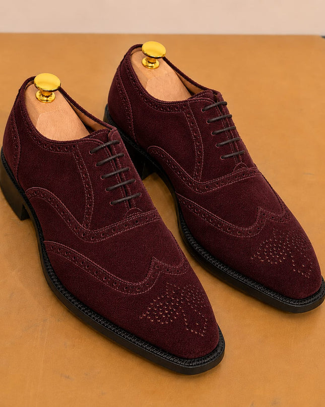 Handmade maroon suede wingtip brogue lace up men office shoes, Dress shoes for mens