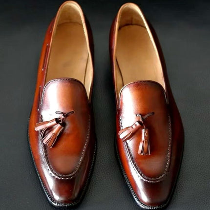 Brown Handmade Tasseled Shoes, Office Moccasin, Leather Slip Ons, Dress Shoes