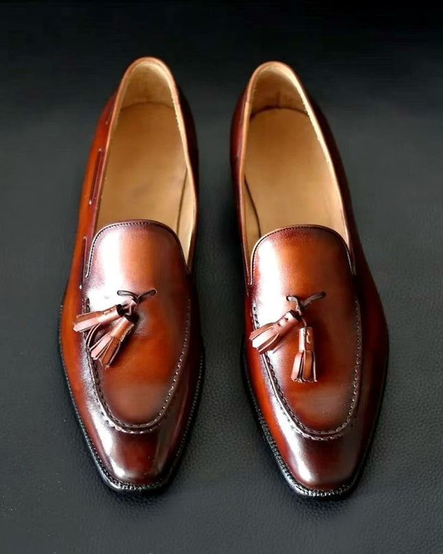 Brown Handmade Tasseled Shoes, Office Moccasin, Leather Slip Ons, Dress Shoes