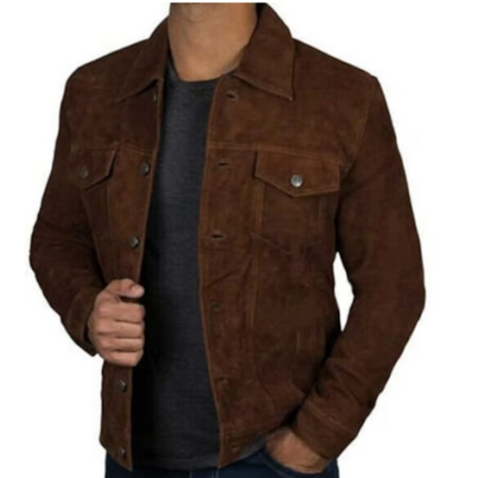 Handmade Men brown suede leather jacket, men trucker style jacket, cargo style button jacket