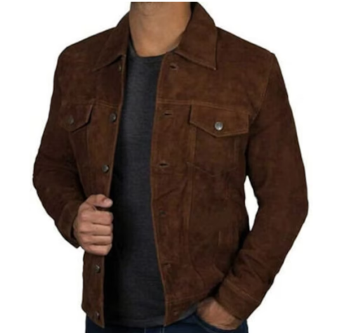 Handmade Men brown suede leather jacket, men trucker style jacket, cargo style button jacket