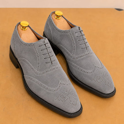Handmade light gray suede wingtip brogue lace up men office shoes, Dress shoes for mens