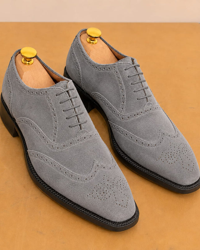 Handmade light gray suede wingtip brogue lace up men office shoes, Dress shoes for mens