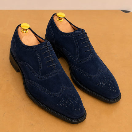 Handmade dark blue suede wingtip brogue lace up men office shoes, Dress shoes for mens