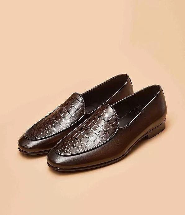 Handmade Men Dark Brown Crocodie Leather Penny Moccasins Dress Shoes, Party Shoe
