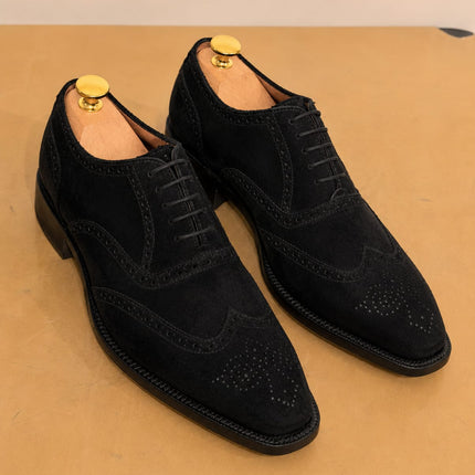 Handmade black suede wingtip brogue lace up men office shoes, Dress shoes for mens
