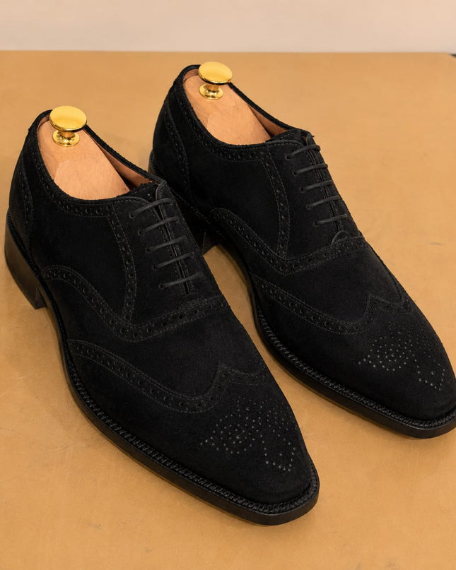 Handmade black suede wingtip brogue lace up men office shoes, Dress shoes for mens