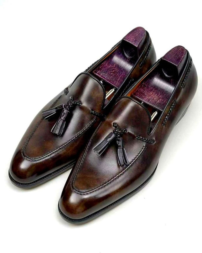 New Handmade Dark Brown Shoes, Tassels Loafers, Leather Slip Ons, Dress Shoes