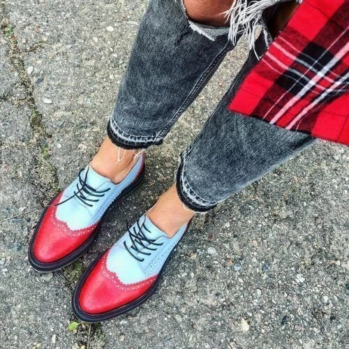 Handmade Women's Blue & Red Leather Oxford Wing Tip Lace Up Brogue Dress Shoes