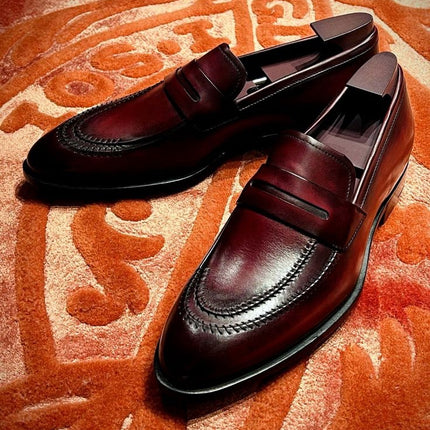 Burgundy Handmade Shoes, Office Loafers, Leather Slip Ons, Dress Shoes, Moccasin