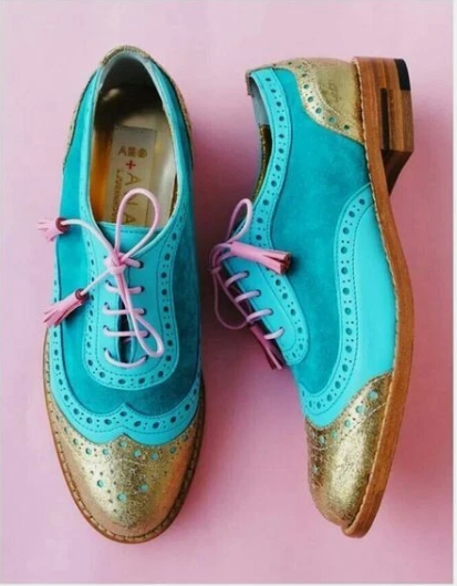 Handmade Women's Blue & Gold 2Tone Oxford Wing Tip Lace Up Brogue Dress Shoes