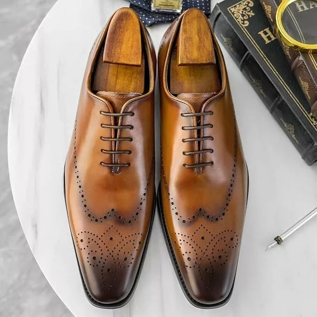Handmade Men Brown Wing Tip Leather Brogue Lace Up Dress Shoe, Office Shoes