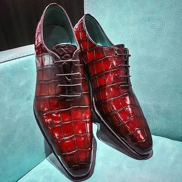Handmade Men Red Crocodile Leather Lace Up Dress Shoe, Office Shoes For Mens