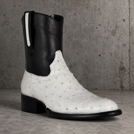 Handmade men two tone ostrich textured leather high ankle cowboy zipper boots, horse riding boots