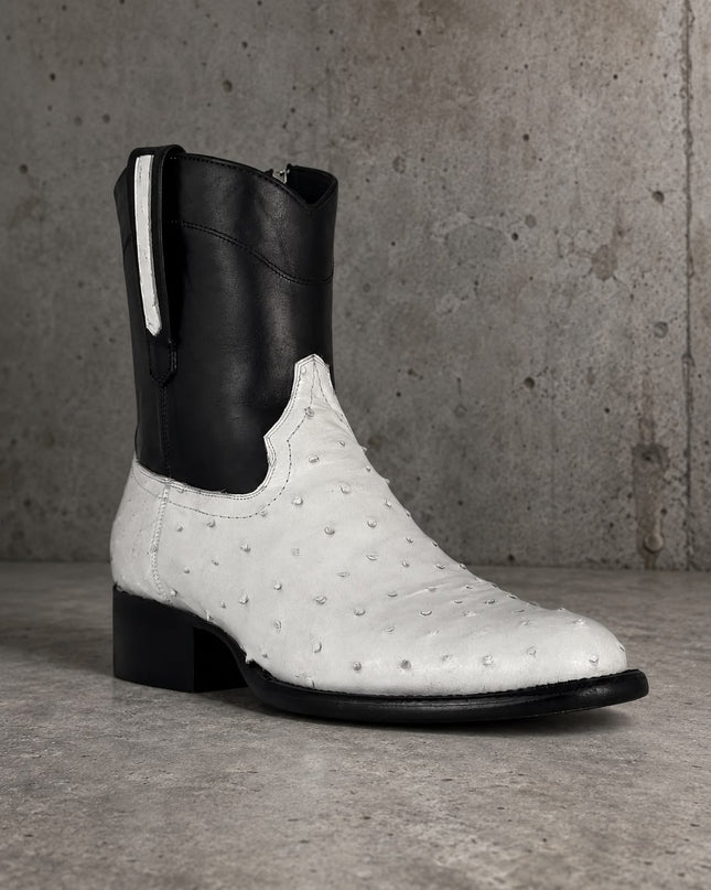 Handmade men two tone ostrich textured leather high ankle cowboy zipper boots, horse riding boots