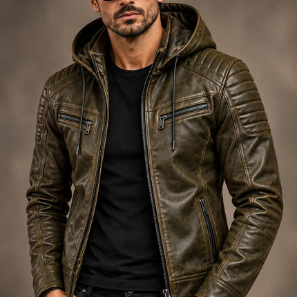 Men Green Leather Hooded Jacket, Mens Biker Jacket, Casual Leather Jackets