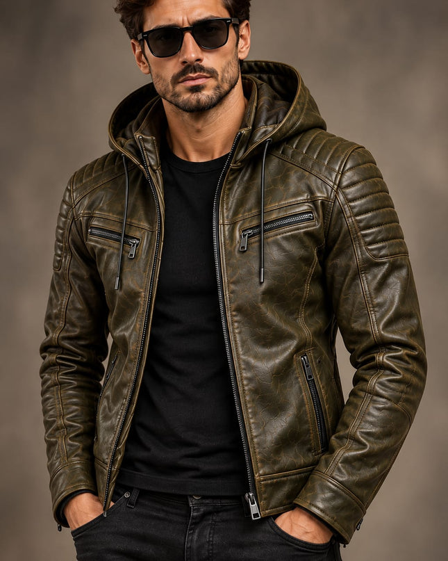 Men Green Leather Hooded Jacket, Mens Biker Jacket, Casual Leather Jackets