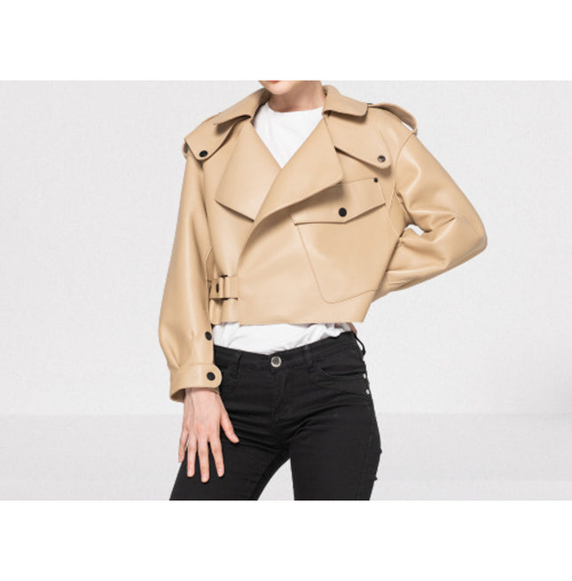 Women Beige Leather Loose Style Fashion Jacket, Street Style Jackets
