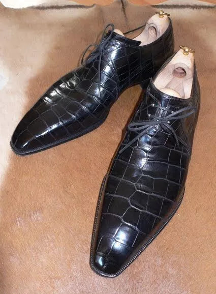 Handmade Black Men Crocodile Leather Lace Up Dress Shoe, Office Shoes For Mens