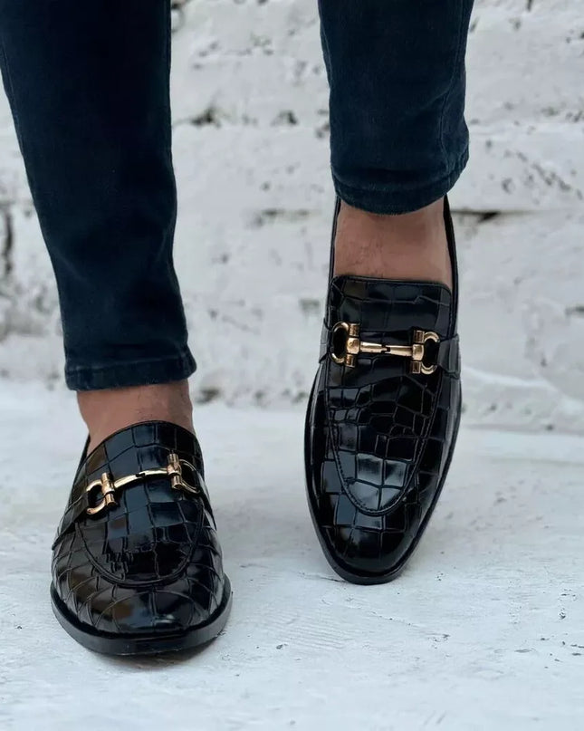 Handmade Black Moccasin Men Crocodile Leather Dress Shoe, Office Shoes For Mens