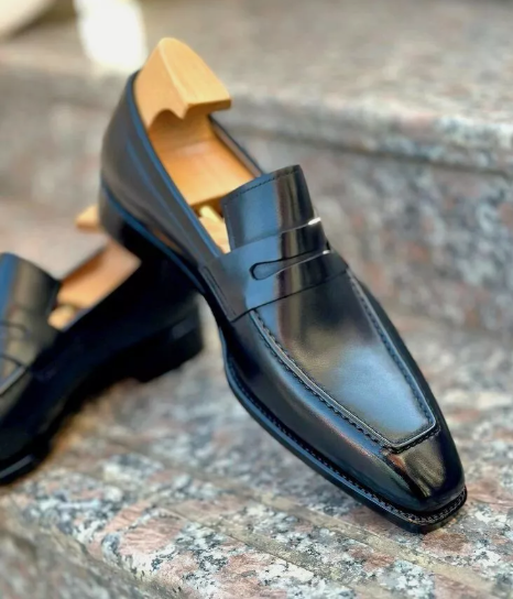 Handmade Black Leather Moccasins Dress Shoe, Office Shoes, Slip On Business Shoe