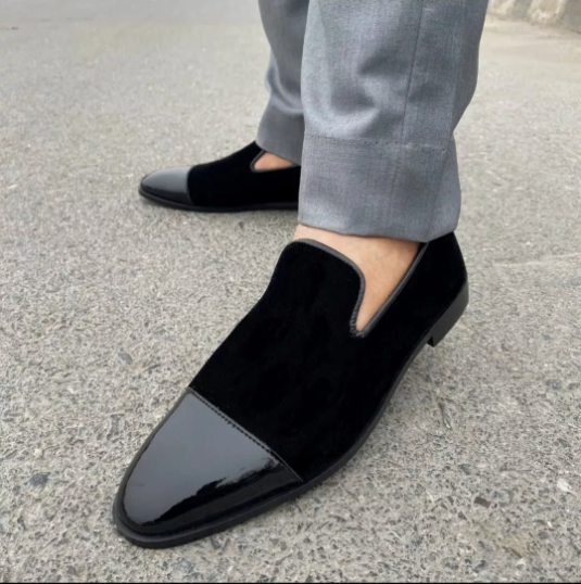 Handmade Black Leather & Suede Moccasins Dress Shoe, Office Shoes, Slip On Shoes