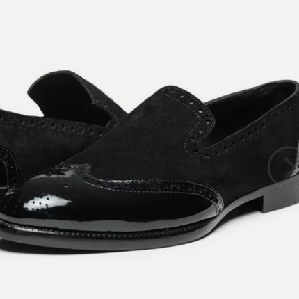 Handmade Black Wing Tip Leather & Suede Brogue Slip Ons Dress Shoe, Office Shoes