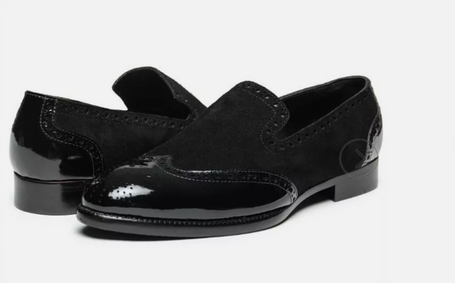 Handmade Black Wing Tip Leather & Suede Brogue Slip Ons Dress Shoe, Office Shoes