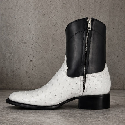 Handmade men two tone ostrich textured leather high ankle cowboy zipper boots, horse riding boots