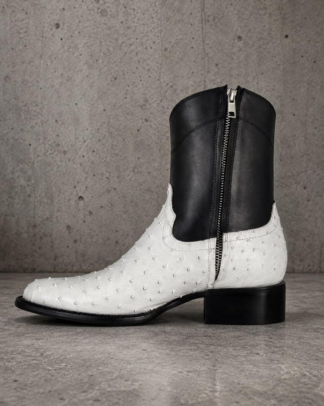 Handmade men two tone ostrich textured leather high ankle cowboy zipper boots, horse riding boots