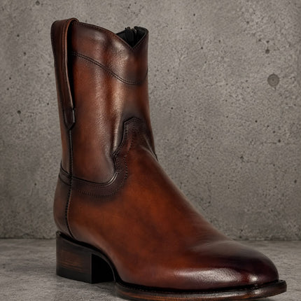 Handmade burnished brown leather men stylish high ankle cowboy zipper boots, horse riding boots