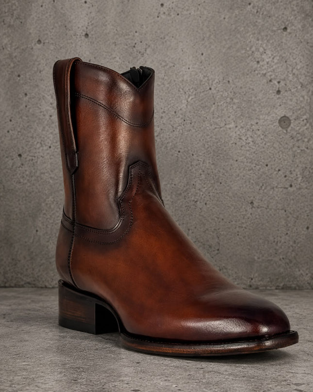 Handmade burnished brown leather men stylish high ankle cowboy zipper boots, horse riding boots