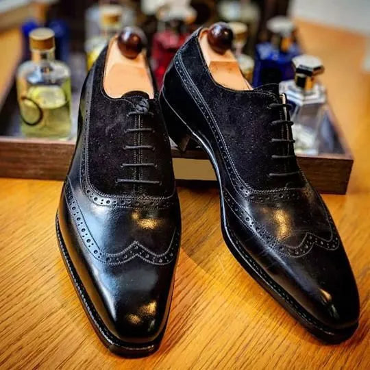 Handmade Black Leather & Suede Wing Tip Brogue Lace Up Business Shoes For Men's