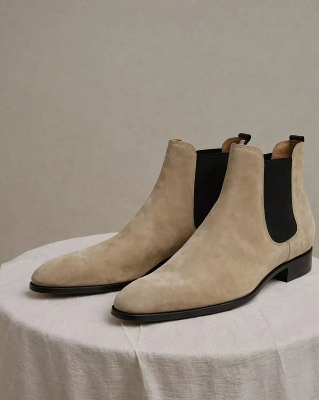 Handmade Beige Suede Chelsea Men Ankle Office Boot, Party Wearing Boots