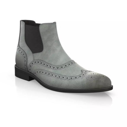 Handmade Men Gray Suede Wing Tip Brogue Chelsea Ankle Boots, Mens Dress Boots