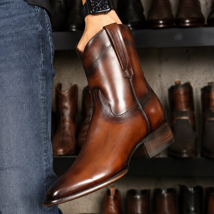 Handmade burnished brown leather men stylish high ankle cowboy zipper boots, horse riding boots