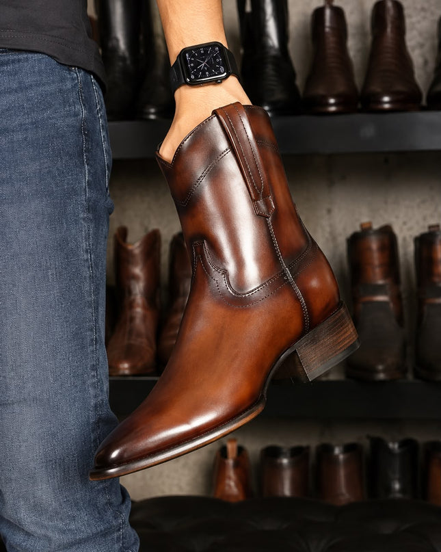 Handmade burnished brown leather men stylish high ankle cowboy zipper boots, horse riding boots