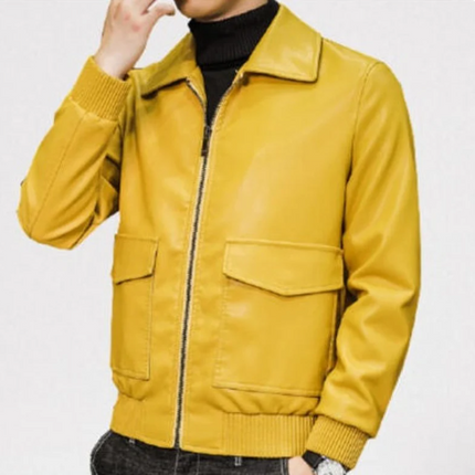 Men’s Handmade Cargo Pockets Yellow Leather Fashion Jacket For Men