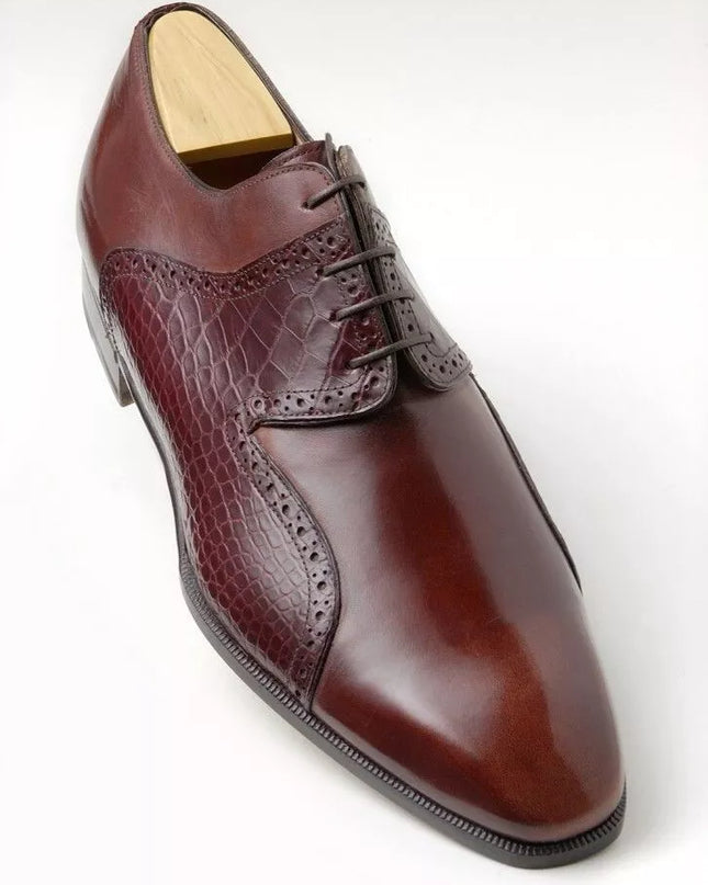 Handmade Mens Brown Crocodile Leather Dress shoes, Men leather derby shoes