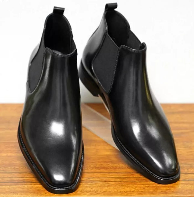 Handmade Black Leather Chelsea Office Boot, Low Ankle Pull On Boots, Party Boots