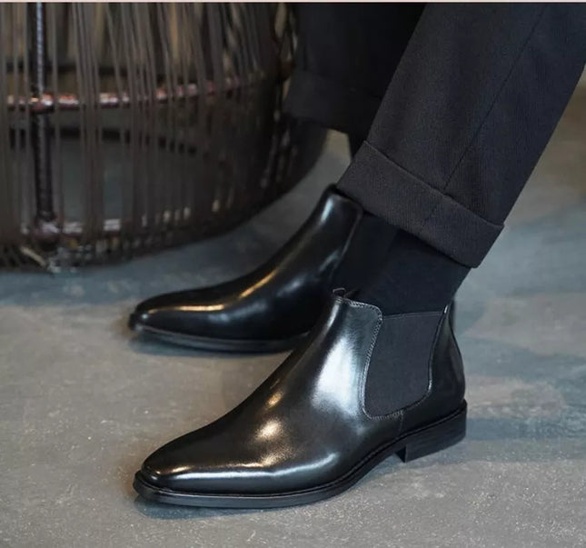 Handmade Black Leather Chelsea Office Boot, Low Ankle Pull On Boots, Party Boots