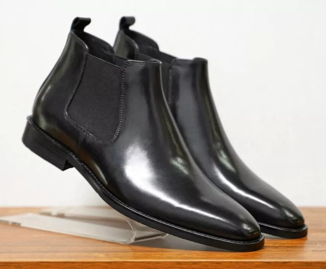 Handmade Black Leather Chelsea Office Boot, Low Ankle Pull On Boots, Party Boots
